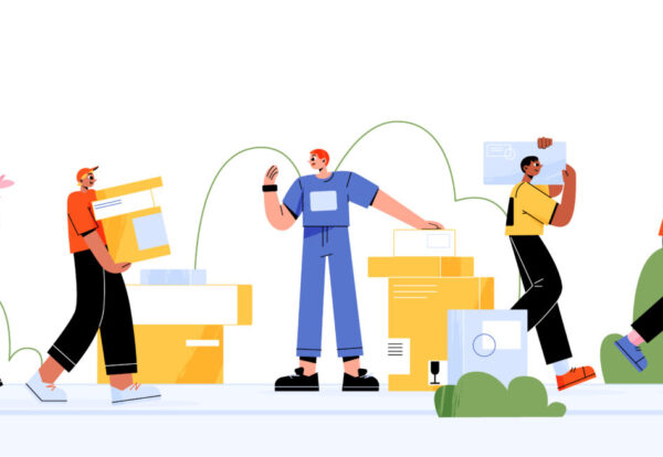 Moving service workers help at home relocation. Loaders, movers team loading cardboard boxes and appliances into truck. Delivery company employees in uniform, Line art flat vector illustration